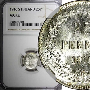 Finland Nicholas II Silver 1916 S 25 Pennia NGC MS64 GEM BU KM #6.2 (009) - Picture 1 of 5