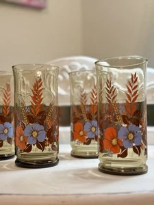 Set of 4 Vintage Libbey Glass Tumblers, 1970s Floral Autumn Wheat Pattern 6 in - Picture 1 of 9