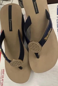 Ipanema Wedge Thong Designer Sandals Womens Size 8 Blue Almond Gold trim - Picture 1 of 18