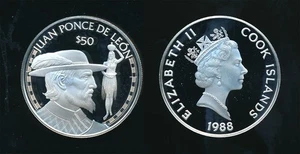 Cook Island: 1988 $50 Explorer- Juan de Leon .925 silver Proof - Picture 1 of 1