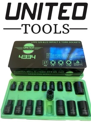 United Tools 17pc 3/8" & 1/2" dr IMPACT FEMALE E-Torx Socket Set E5 to E24 Hex - Image 1 of 4