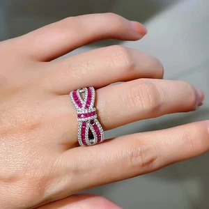 Lab Created Pink Ruby 3Ct Princess Cut Bow Wedding Band Ring White Gold Plated - Picture 1 of 6