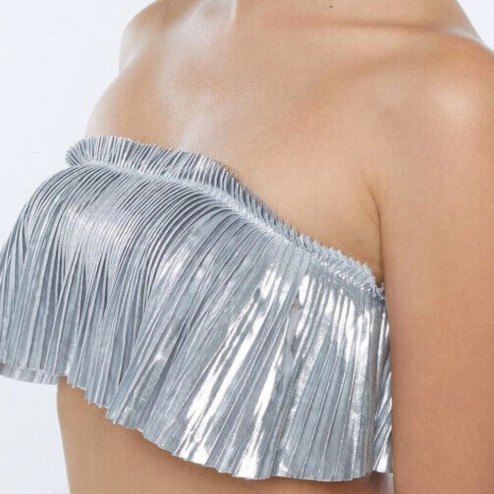 Savage X Fenty Women's Pleated Lamé Bandeau Bralette Metallic Silver M NWT - Image 1 of 4