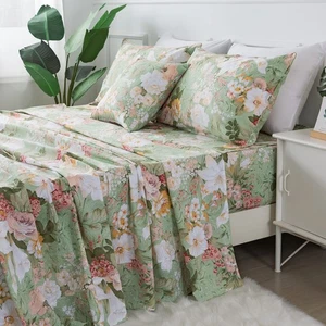 Floral Bed Sheets Set Queen Size 100% Cotton Mint Green Botanical Sheet Sets ... - Bild 1 von 9