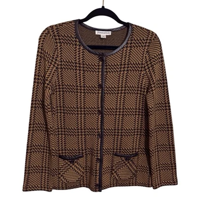 Pendleton Mujer Mediano Lana Merino Cuero Cárdigan Suéter Pata de Gallo Marrón Foto 1 de 4