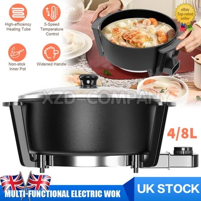 4/8L Electric Wok & Lid Non Stick 1500W Rapid Heating Temperature Control Black - Image 1 of 4