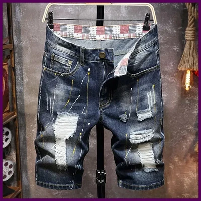 Shorts de Mezclilla Rasgados Hombre 2025 Verano Estilo Retro Slim Fit Graffiti Foto 1 de 4