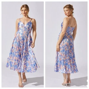 ASTR THE LABEL Maeve Pleated Midi Dress Pink Blue Abstract size XS NWOT - Picture 1 of 5