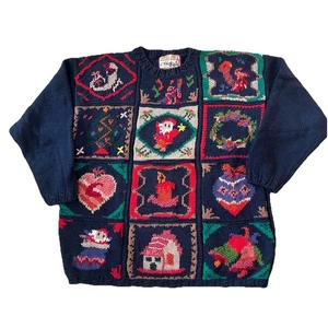 Vintage Crystal-Kobe Christmas Holiday Santa Pullover, Damen Gr. 40 dunkelblau 🎅 🦌 - Bild 1 von 5