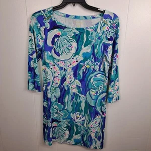 Lilly Pulitzer Sophie Dress L Blue Green Floral Print 3/4 Sleeve Gold Buttons - Picture 1 of 10
