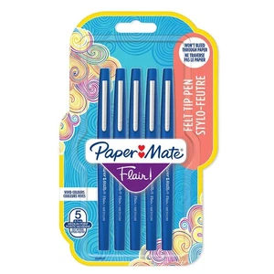 Paper Mate Flair Felt Tip Pens Medium Point (0.7mm) Blue 5 Count pack of 5 - Picture 1 of 10