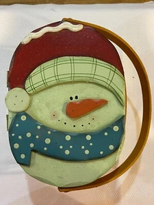 Snowman Wicker Christmas Holiday Basket - Hinged Wooden Lid with Handle - Picture 1 of 7