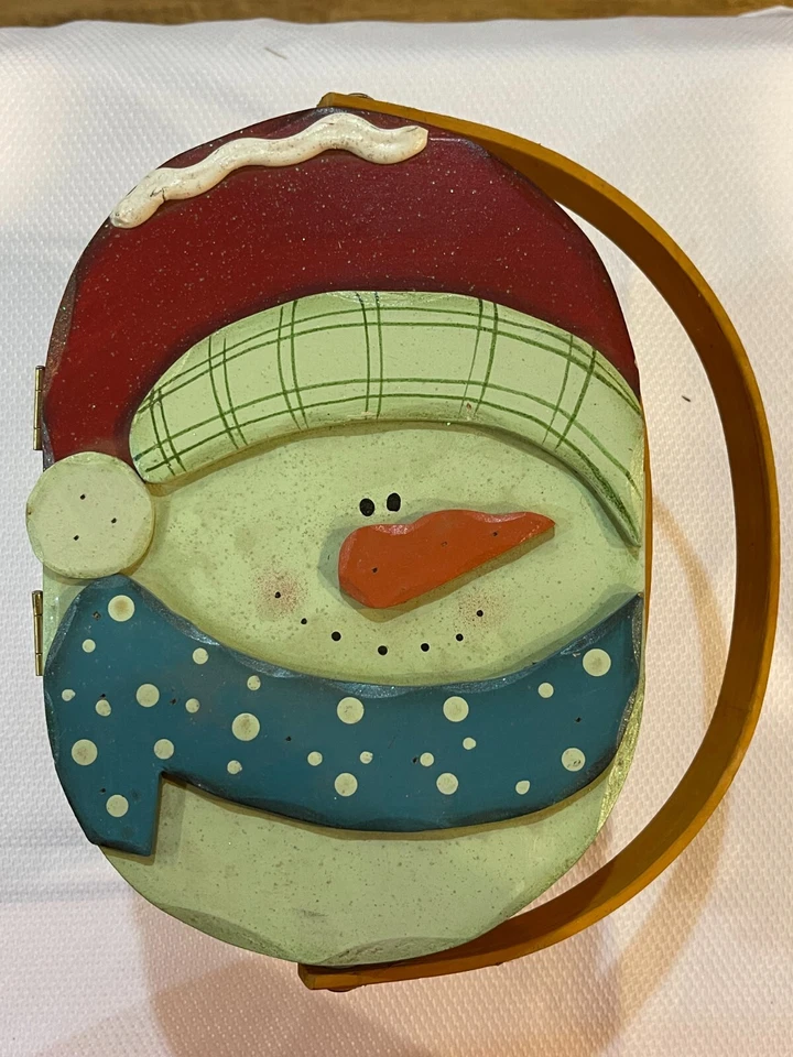 Snowman Wicker Christmas Holiday Basket - Hinged Wooden Lid with Handle - Image 1 of 4
