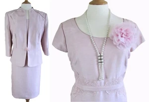 Jacques Vert Pale Pink Shantung Dress Lace Waist UK 22 & Matching Jacket UK 24 - Picture 1 of 12