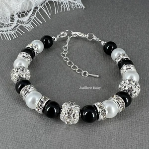 Handmade Black and White Pearl Bracelet Necklace Earrings Bridesmaids Jewelry - Bild 1 von 7