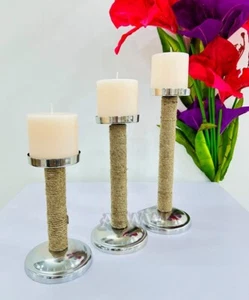 Vintage Pillar Rope Coverd Candle Holder (Set Of 3) Table Decor Decorations Cent - Picture 1 of 13