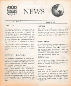 AUGUST 16, 1962 USAC RACING NEWSLETTER - Picture 1 of 1