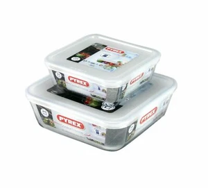 Pyrex 2 Piece Cook & Freeze Square Glass Container Dishes With Lids 0.85L-2L - Picture 1 of 9