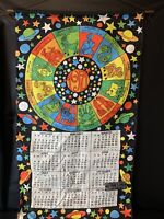 Vintage 1971 Hippie Space Stars Zodiac Calendar 100% Linen Tapestry USA 27x15