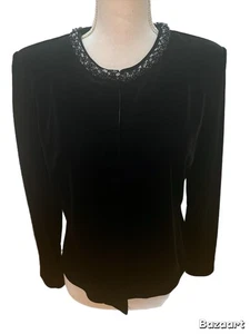 Cachet Women’s Bolero Jacket Size 12 Black Velvet/velour  Beaded Neck Top Hook - Picture 1 of 6