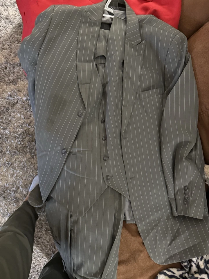 Stacy Adams Gray Pinstripe Three-Piece Suit (Jacket, Vest & Pants - Image 1 of 4