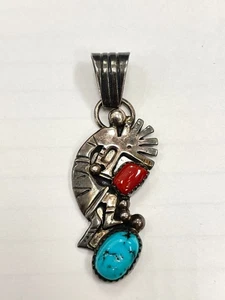 Running Bear Trading Gallup Navajo Kokopelli Sterling & Coral Turquoise Pendant - Picture 1 of 5