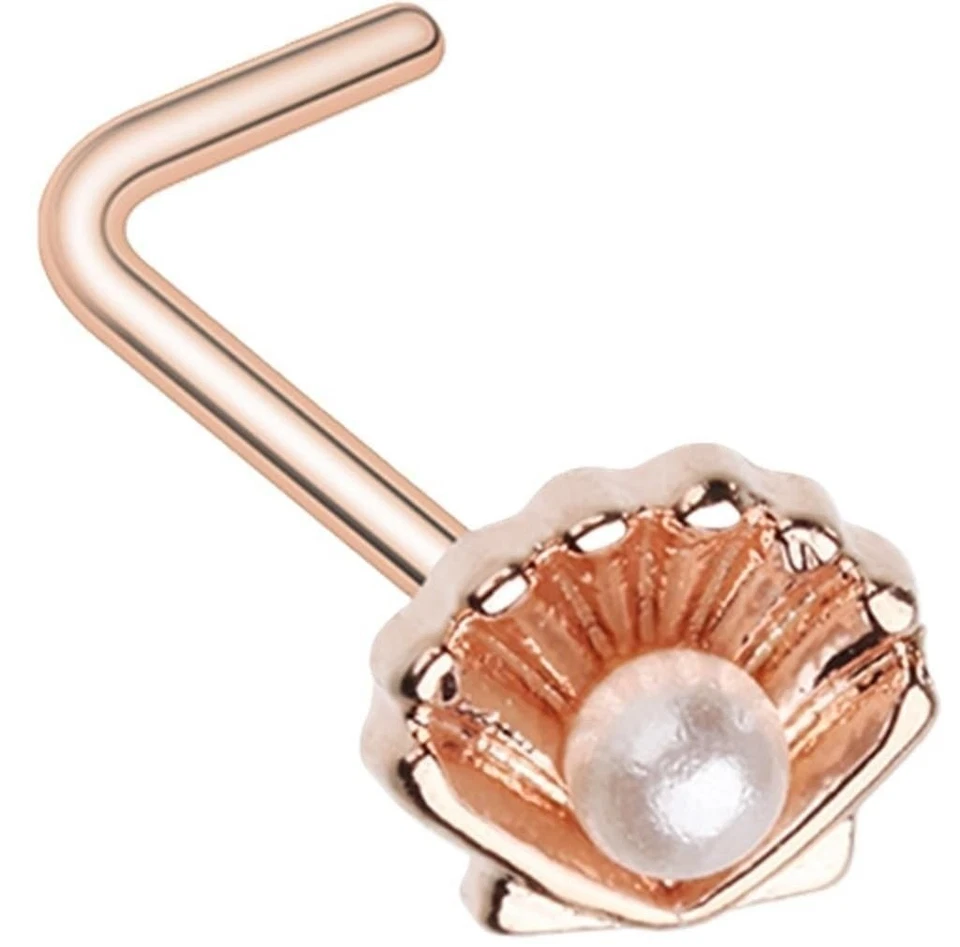 Body Accentz L-Shaped Nose Ring, Rose Gold Shell with Pearl, 20 GA, 9/32... - Image 1 of 1