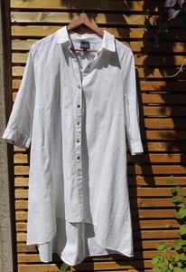 Coco Bianco white Hi-Lo knee length shirt dress. Linen & viscose. A Line. Size L - Picture 1 of 24