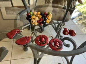 Tagua Nut Ivory Multicolor Bracelet and Red Earrings Natural Vegan Jewelry 7pc - Picture 1 of 10