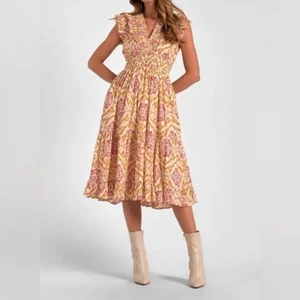 Elan Cotton Floral Midi Sleeveless Ruffle Dress Feminine Boho Country Flirty M - Picture 1 of 14