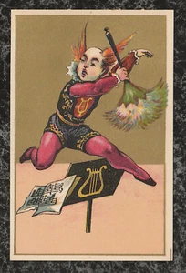Victorian Stock Trade Card Clown with Feather Duster Leaps Music Stand 4x2.75 - Bild 1 von 2