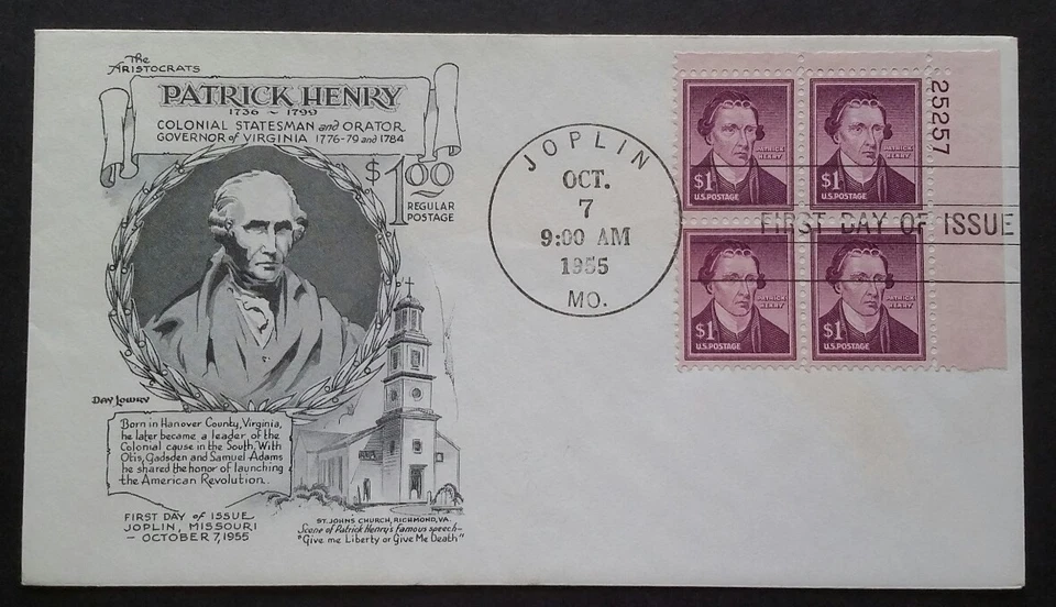 #1052 $1.00 Patrick Henry Superb FDC PLATE BLOCK - Scarce Day Lowry/Aristocrat - Image 1 of 1