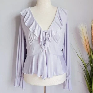 Anthropologie New Long Sleeve Ruffled Tie Front Blouse Lavender Womens SZ XL - Picture 1 of 12