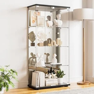 Glass Display Cabinet 4-Shelf with 2 Door Lock  Mirror Tempered Glass Bookcase - Picture 1 of 6