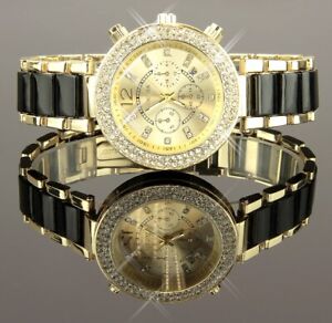 Reloj Pulsera Mujer Oro Negro Circonia Mujer Reloj Lujo U1662-1