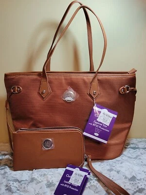 Joy Mangano Tuff Tech New Brown Leather Zippered Tote and Leather Wallet W/RFID  - Image 1 of 4