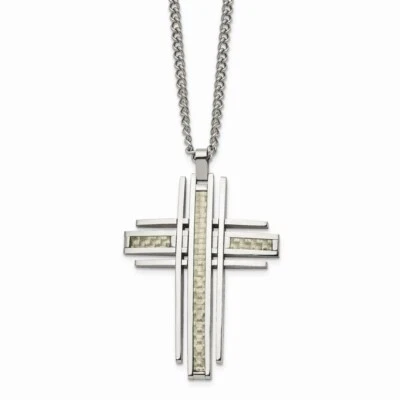 Stainless Steel Polished with Grey Carbon Fiber Inlay 24in Cross Necklace - Image 1 of 3