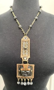 Mid Century Vintage Hand Made Copper Brass Onyx Mayan Aztec Huge Necklace - Picture 1 of 11