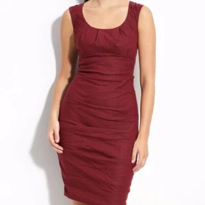 Eileen Fisher Red Burgundy Shirred Cotton Steel Stretch Dress Size 4P 4 Petite - Picture 1 of 4