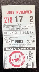 26.09.85 CARDINALS TICKET STUB - JOHN TUDOR 20. SIEG DES JAHRES - Bild 1 von 1
