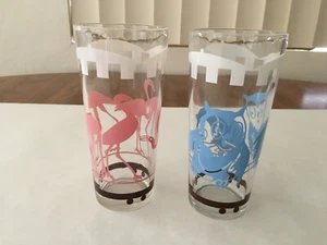 2 Vintage MCM Hazel Atlas Big Top Circus 6 1/2" Glass Tumblers: Flamingo & Owl - Picture 1 of 4