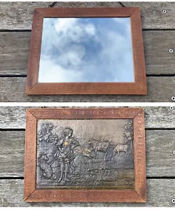 Unique Little Antique Shaving Mirror Travel Reverse Side Pressed Metal Picture - Picture 1 of 9