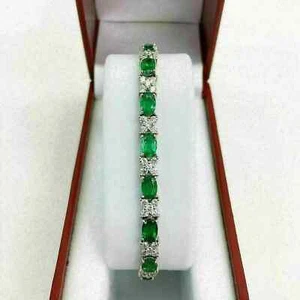 12CT Oval Cut Emerald Lab-Created Women's Tennis Bracelet 14K White Gold Plated - Picture 1 of 10