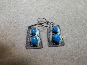 Navajo Sterling Silver Turquoise Pierced Earrings By Ruth Ann Begay Signed - Picture 1 of 4