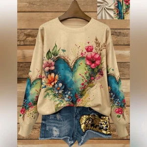 Nuevo con etiquetas Suéter Ligero 2XL Beige Flor Estampado Corazón Patrón Cuello Redondo - Imagen 1 de 5