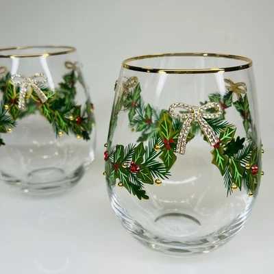 NUEVO JUEGO DE 2 VASOS DE VINO de Navidad pedrería arcos dorados guirnalda de acebo con joyas Foto 1 de 4