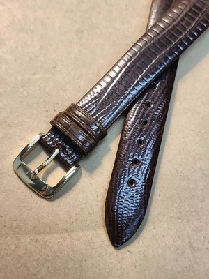 NOS Speidel 16L Brown Flat Stitchless Teju Lizard Grain Watch Band W/Yel Buckle  - Image 1 of 4