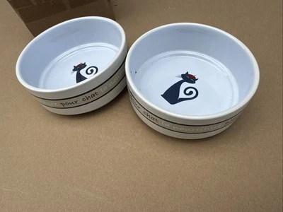 Set of 2 Whisker City Ceramic Cat Bowls Navy Stripe Non Slip 13 Oz S8 - Image 1 of 4