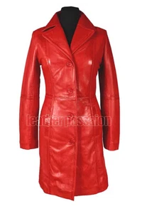 Women’s Trench Coat Real Red Cowhide Leather Gothic Steampunk Long Jacket - Picture 1 of 6