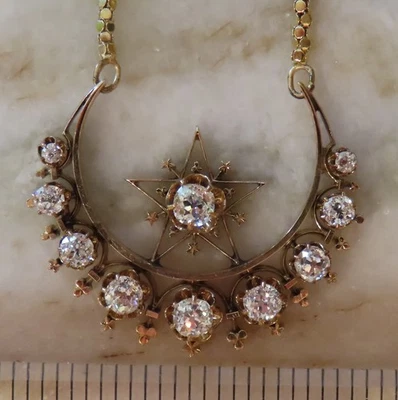 VIDEO RARE GIA APPRAISAL ANTIQUE 14K OLD MINE CUT ART DECO STAR & MOON NECKLACE - Image 1 of 4